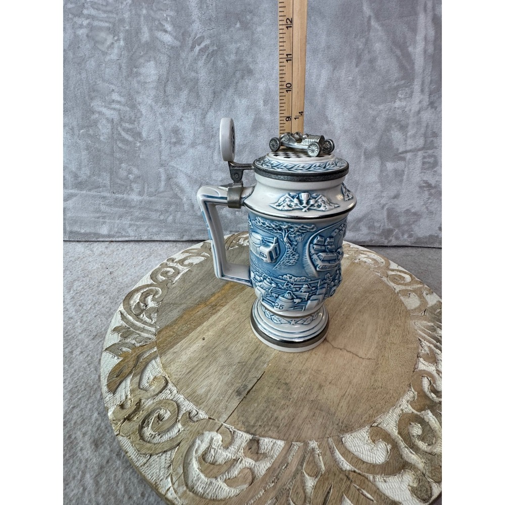 Vintage 1989 Avon Racing Car Stein Blue White Ceramic Brazil Metal Lid 9 Inch